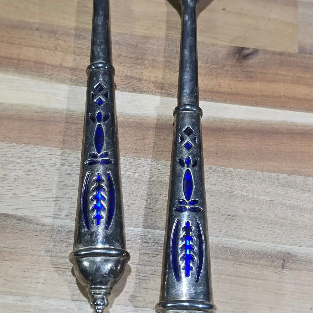 Vintage Silver Plate Blue Guilloche Enamel Salad Servers Set‎ 10.5